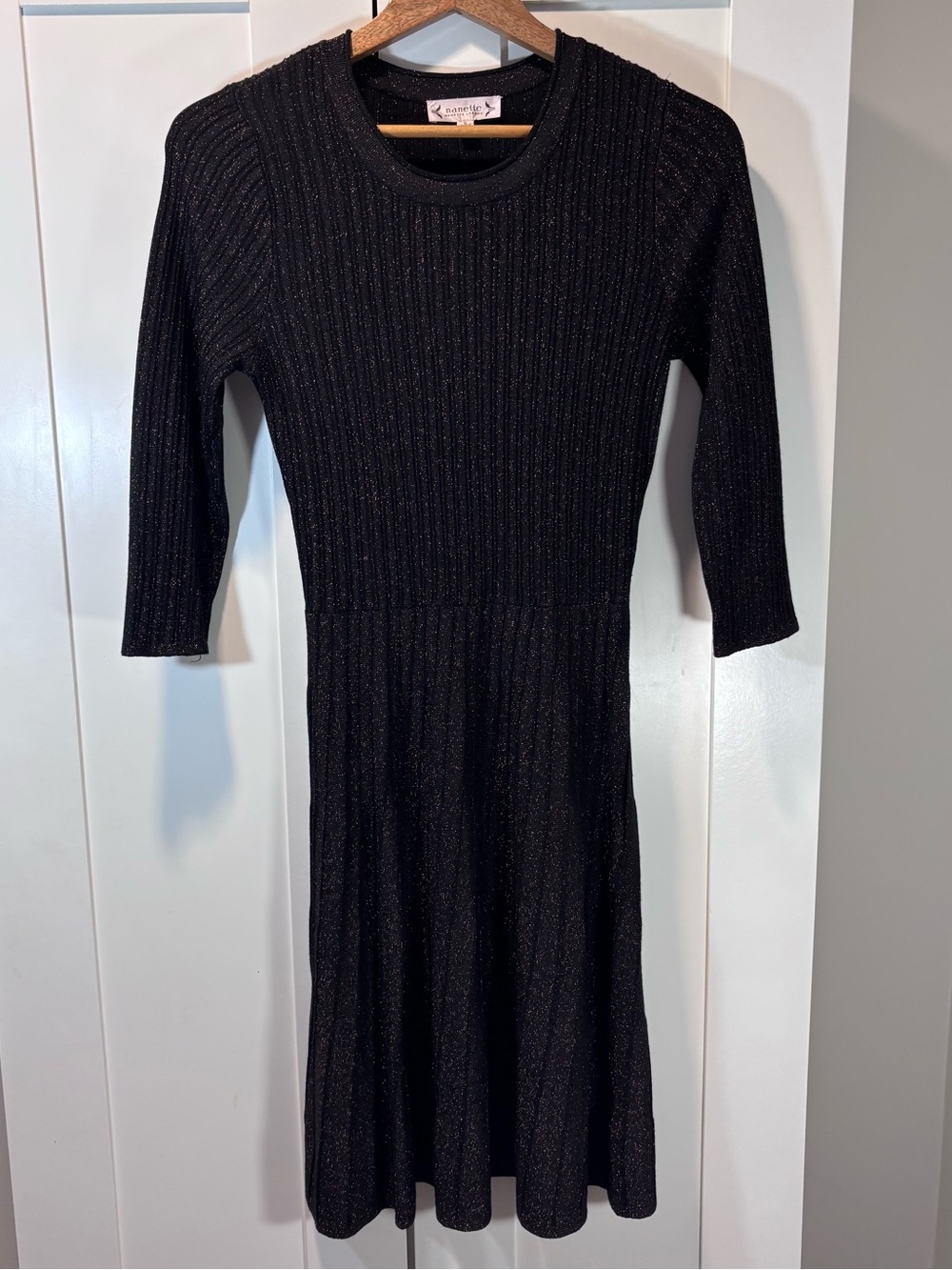Nanette Lepore Dress M Black Copper Metallic Ribbed Knit Fit Flare Midi